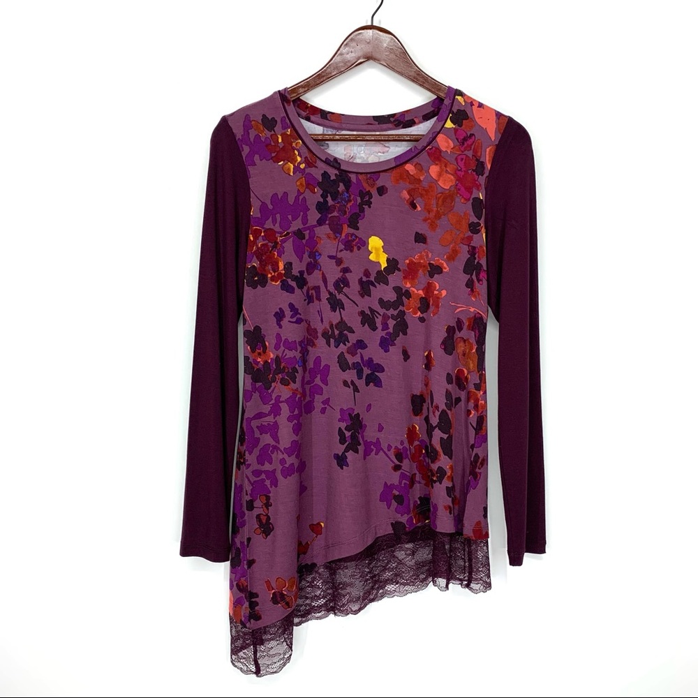 LOGO Lori Goldstein Dark Floral Soft Long Sleeve Blouse W/ Asymmetrical Lace Hem